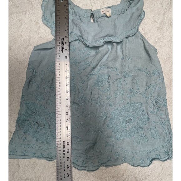 Anthropologie Meadow Rue Womens Embroidery Ruffle Neck Linen Top Size 12 Blue - Picture 9 of 9